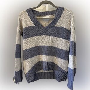 Pink Rose Striped V-Neck Sweater - Blue-Gray and Cream, Size Small